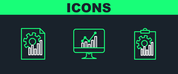 Set line Clipboard with graph chart, Document and Computer monitor icon. Vector