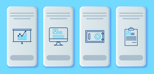 Set line Computer monitor with resume, Safe, Board graph chart and Clipboard icon. Vector