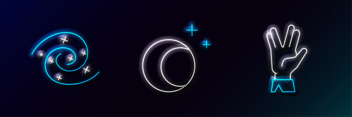 Set line Vulcan salute, Black hole and Moon and stars icon. Glowing neon. Vector