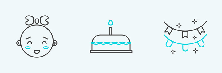 Set line Carnival garland with flags, Happy little girl head and Cake burning candles icon. Vector