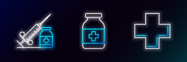 Fototapeta premium Set line Cross hospital medical, Medical syringe with needle and vial or ampoule and Medicine bottle icon. Glowing neon. Vector