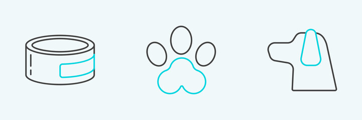 Set line Dog, Canned food and Paw print icon. Vector