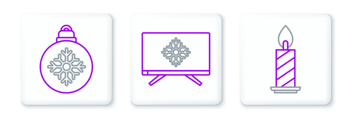 Set line Burning candle in candlestick, Christmas ball and Merry on television icon. Vector