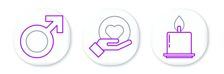 Set line Burning candle, Male gender symbol and Heart on hand icon. Vector