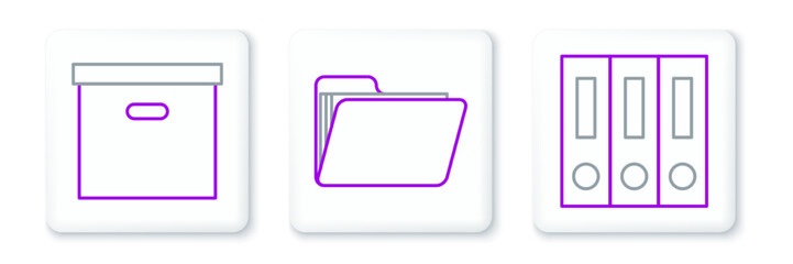 Set line Office folders with papers and documents, Carton cardboard box and Document icon. Vector