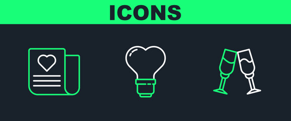 Set line Glass of champagne, Envelope with Valentine heart and Heart shape light bulb icon. Vector