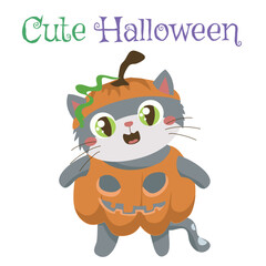 Simple design flashcard for kids. Kittens and Puppies wearing halloween customes. Halloween edition flashcard