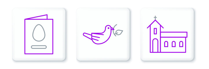 Set line Church building, Greeting card with Happy Easter and Peace dove olive branch icon. Vector