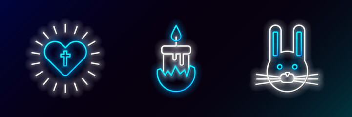 Obraz premium Set line Easter rabbit, Christian cross and heart and Burning candle icon. Glowing neon. Vector