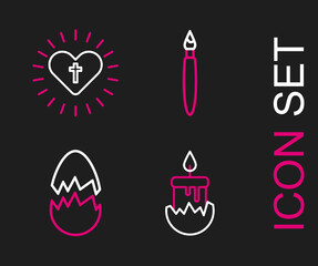 Set line Burning candle, Broken egg, Paint brush and Christian cross heart icon. Vector