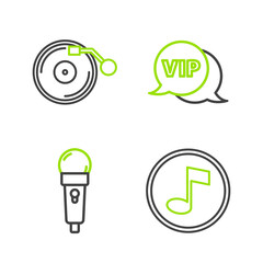 Set line Music note, tone, Microphone, Vip in speech bubble and Vinyl player with disk icon. Vector