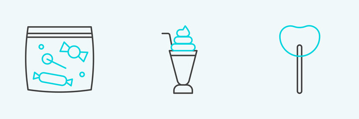 Set line Lollipop, Candy packaging for sweets and Milkshake icon. Vector