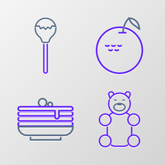 Set line Jelly bear candy, Stack of pancakes, Apple and Lollipop icon. Vector