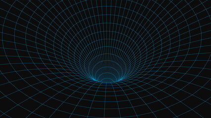 An abstract tunnel with a blue mesh structure. 3D grid of tunnels and corridors. Vector wormhole.