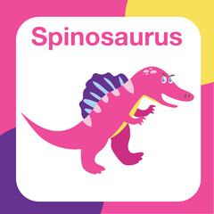 Printable dinosaur preschool flashcard. Dinosaur flashcard for kids. Cute flashcard for children. Ready to print. Printable game card. Educational card for preschool. Vector illustration.