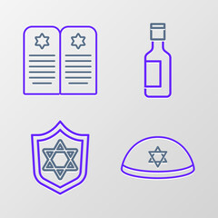 Set line Jewish kippah, Shield with Star of David, wine bottle and Tombstone star david icon. Vector