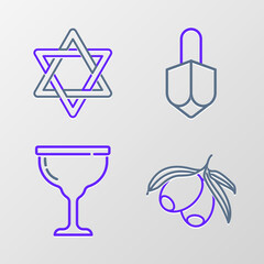 Set line Olives branch, Jewish goblet, Hanukkah dreidel and Star of David icon. Vector