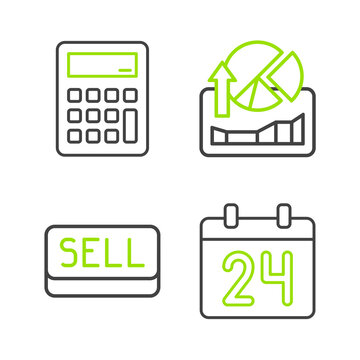 Set line Calendar, Sell button, Stocks market growth graphs and Calculator icon. Vector