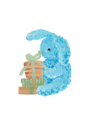 Blue rabbit handmade. Gouache drawing. Cute animal accepts gifts
