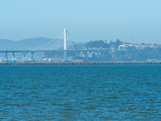 San Francisco city view from Berkeley Bay over fishing pier 