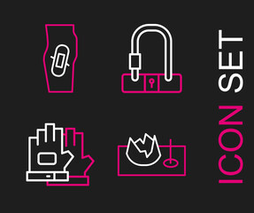 Set line Bicycle on street ramp, Gloves, lock and Plaster leg icon. Vector