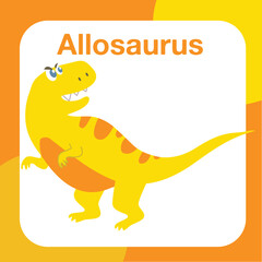 Printable dinosaur preschool flashcard. Dinosaur flashcard for kids. Cute flashcard for children. Ready to print. Printable game card. Educational card for preschool. Vector illustration.