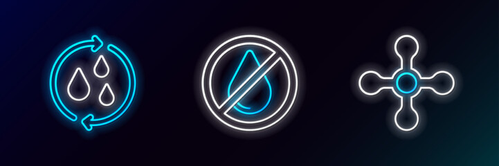 Set line Water tap, Recycle clean aqua and drop forbidden icon. Glowing neon. Vector