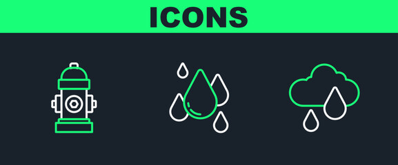 Set line Cloud with rain, Fire hydrant and Water drop icon. Vector