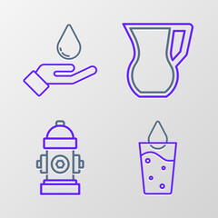Set line Glass with water, Fire hydrant, Jug glass and Washing hands soap icon. Vector