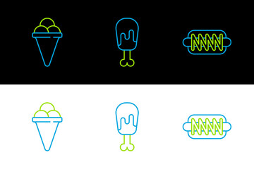 Set line Hotdog sandwich, Ice cream in waffle cone and Chicken leg icon. Vector