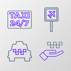 Set line Hand with taxi, Taxi car, Airport and Location icon. Vector