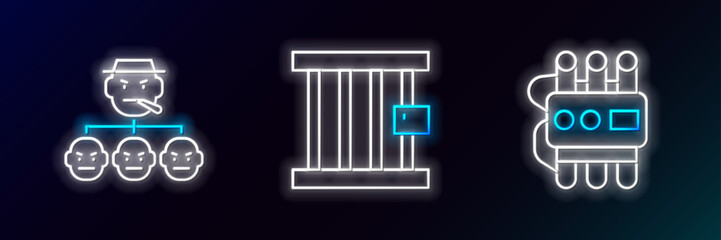 Set line Dynamite and timer clock, Mafia and Prison window icon. Glowing neon. Vector