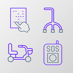 Set line Press the SOS button, Electric wheelchair, Walking stick cane and Braille icon. Vector