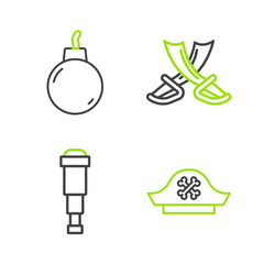 Set line Pirate hat, Spyglass telescope lens, Crossed pirate swords and Bomb ready to explode icon. Vector