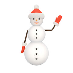 Isolated snowman in a hat and mittens smiles and waves his hand. 3d illustration