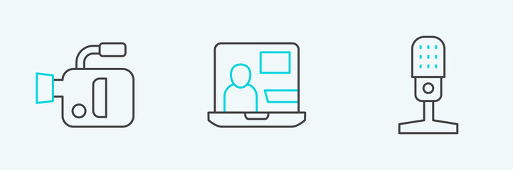 Set line Microphone, Cinema camera and World news icon. Vector