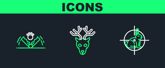 Set line Hunt on rabbit with crosshairs, Trap hunting and Deer head antlers icon. Vector