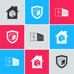 Set Home delivery services, Delivery security with shield and Container icon. Vector