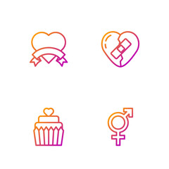 Set line Gender, Wedding cake with heart, Heart and Healed broken. Gradient color icons. Vector