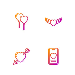 Set line Online dating app and chat, Amour with heart arrow, Balloons form of and Heart wings. Gradient color icons. Vector