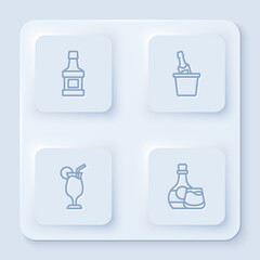 Set line Whiskey bottle, Champagne in an ice bucket, Cocktail and and glass. White square button. Vector