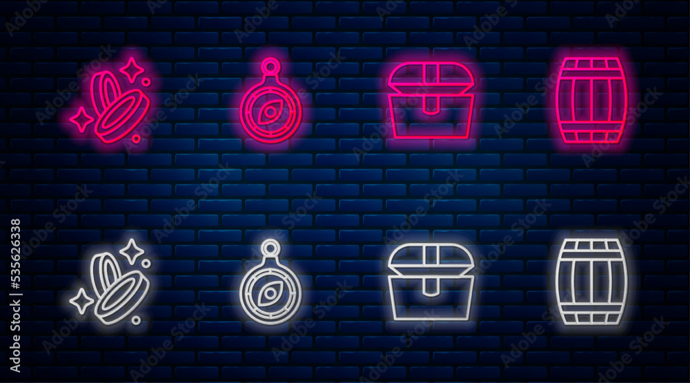 Sticker Set line Compass, Antique treasure chest, Pirate coin and Wooden barrel. Glowing neon icon on brick wall. Vector