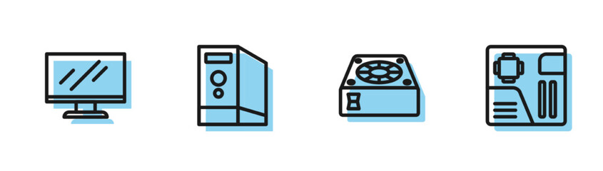 Set line Computer cooler, monitor screen, Case of computer and Motherboard digital chip icon. Vector