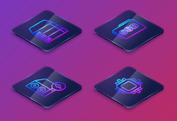 Set Isometric line Server, Data, Web Hosting, Case of computer, SSD card and Processor with CPU. Blue square button. Vector