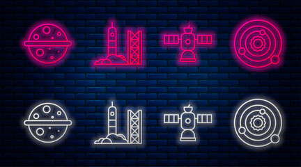 Set line Rocket launch from the spaceport, Satellite, Planet Venus and Solar system. Glowing neon icon on brick wall. Vector