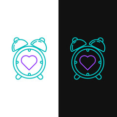 Line Heart in the center alarm clock icon isolated on white and black background. Valentines day. Colorful outline concept. Vector