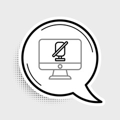 Obraz premium Line Mute microphone on computer icon isolated on grey background. Microphone audio muted. Colorful outline concept. Vector