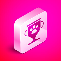 Isometric Pet award symbol icon isolated on pink background. Medal with dog footprint as pets exhibition winner concept. Silver square button. Vector