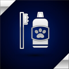 Silver Dental hygiene for pets icon isolated on dark blue background. Toothbrush and toothpaste. Teeth cleaning. Vector