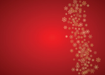 Christmas snowflakes on red background. Horizontal glitter frame for winter banner, gift coupon, voucher, ads, party event. Santa Claus color with golden Christmas snowflakes. Falling snow for holiday